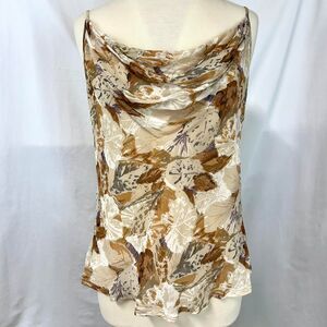 NEO NOSTALGIA Vintage 90s Tan Leaf Floral Print Cowl Neck Tank Womens L Boho Y2K